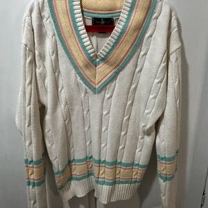 Vintage Hunt Club Cream V-Neck Sweater with Pastel Stripes